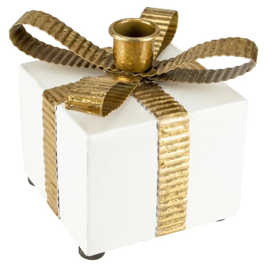 

4.5" White Metal Gift Box Christmas Taper Candle Holder