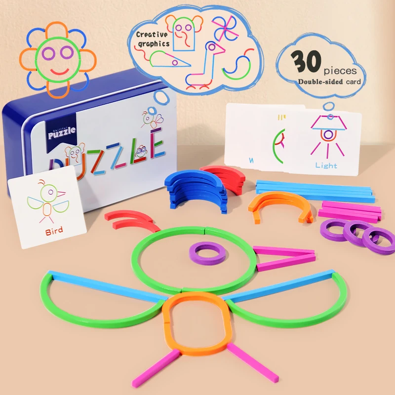 1 Set Montessori Early Educational Toys Wooden Creative Sticks And Rings Iron Box Puzzle Logic Thinking Game For Children