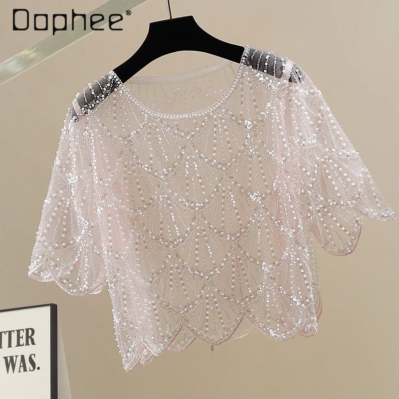 

Fashion Heavy Industry Beaded Sequins Exquisite Short Sleeve Top Women Trend Versatile Crew Neck Loose Casual Short Shirt Summer