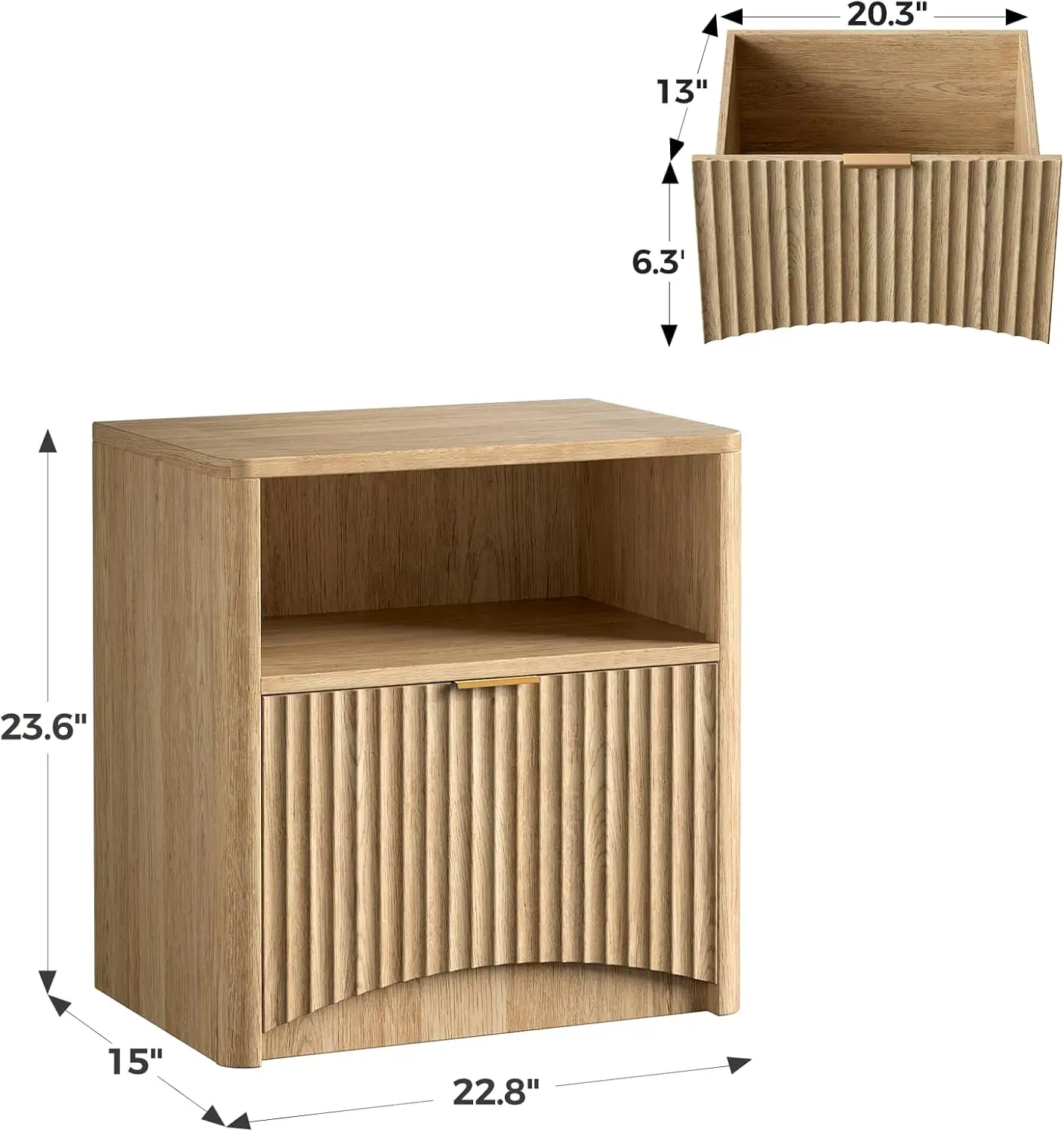 مجموعة منضدة Evermagin Fluted مكونة من 2، طاولة بجانب السرير من خشب البلوط الطبيعي مع درج وتخزين، طاولة نهاية خشبية حديثة في منتصف القرن