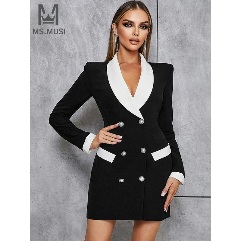 

MSMUSI 2024 New Fashion Women Sexy Turn Down Collar Button Pocket Long Sleeve Bodycon Party Club Event Slim Blazer Mini Dress