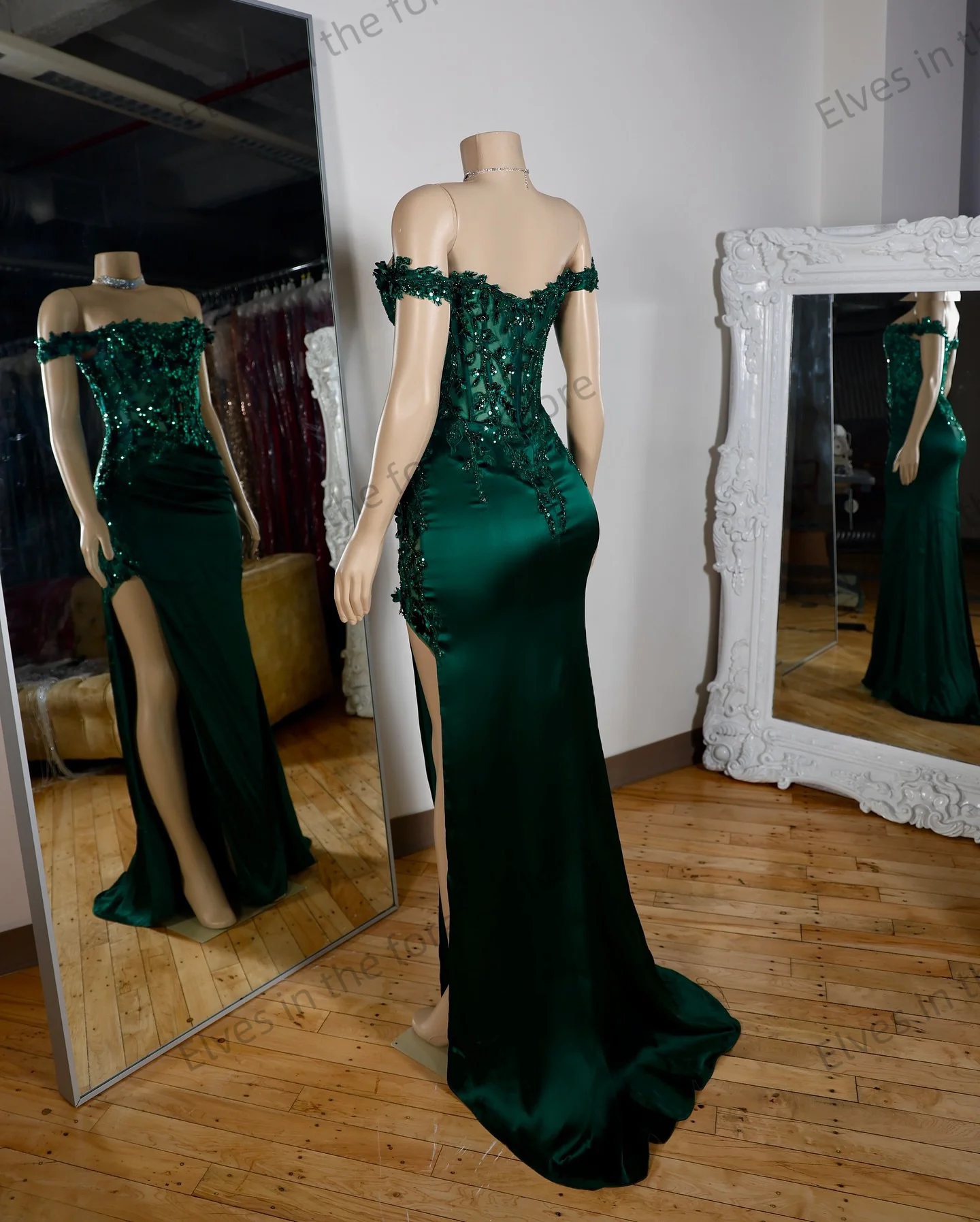 فستان سهرة رائع بحورية البحر باللون الأخضر بدون أكتاف وصمة عار مطرز بدون أكمام رداء de Soire مخصص مثير بشق للحفلات الراقصة #5