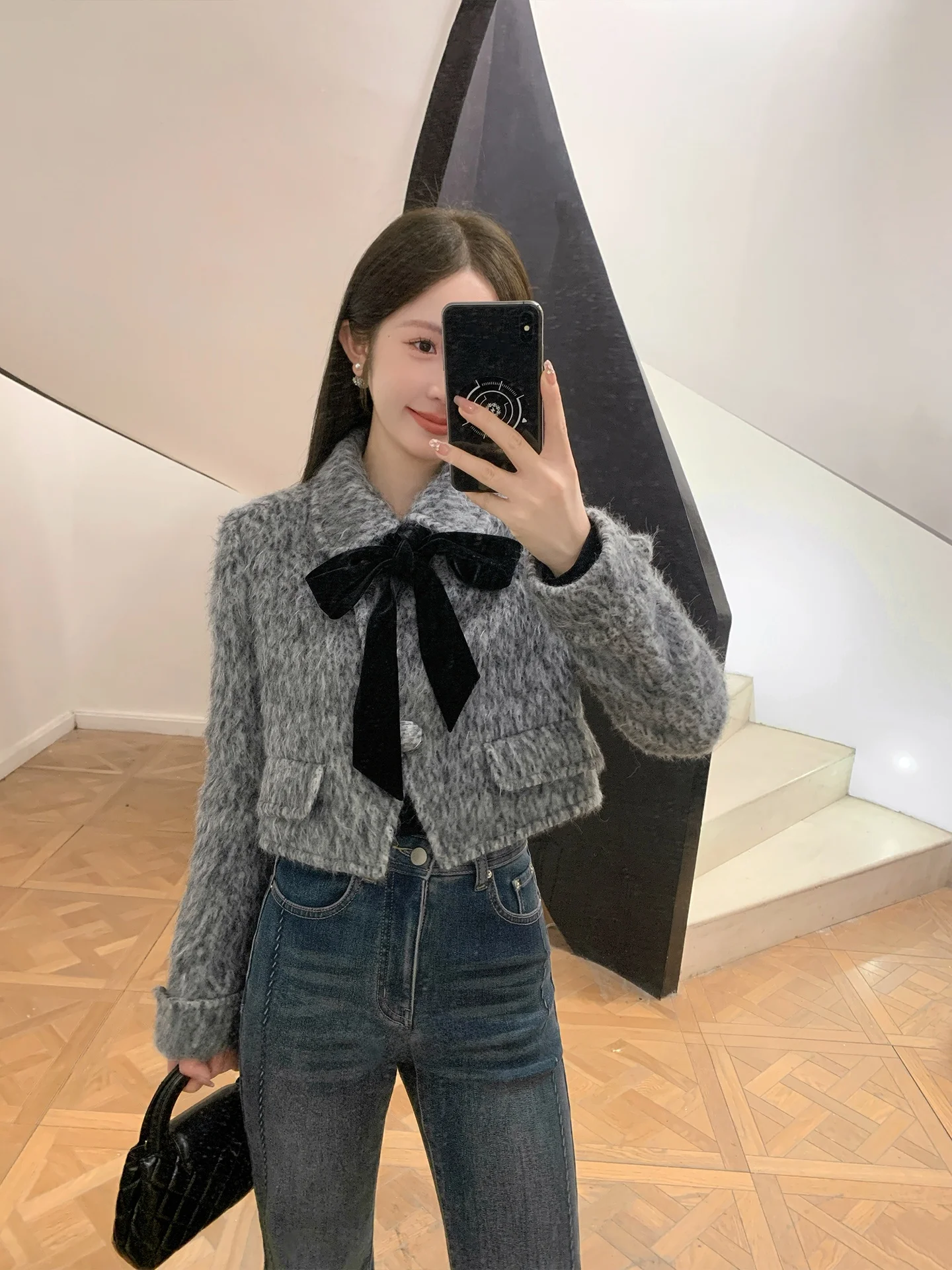

Ele ey Woolen ort Jaet for Women Ladylike Autumn Winter New Design Commute Sle Button Closure Long Sve Top
