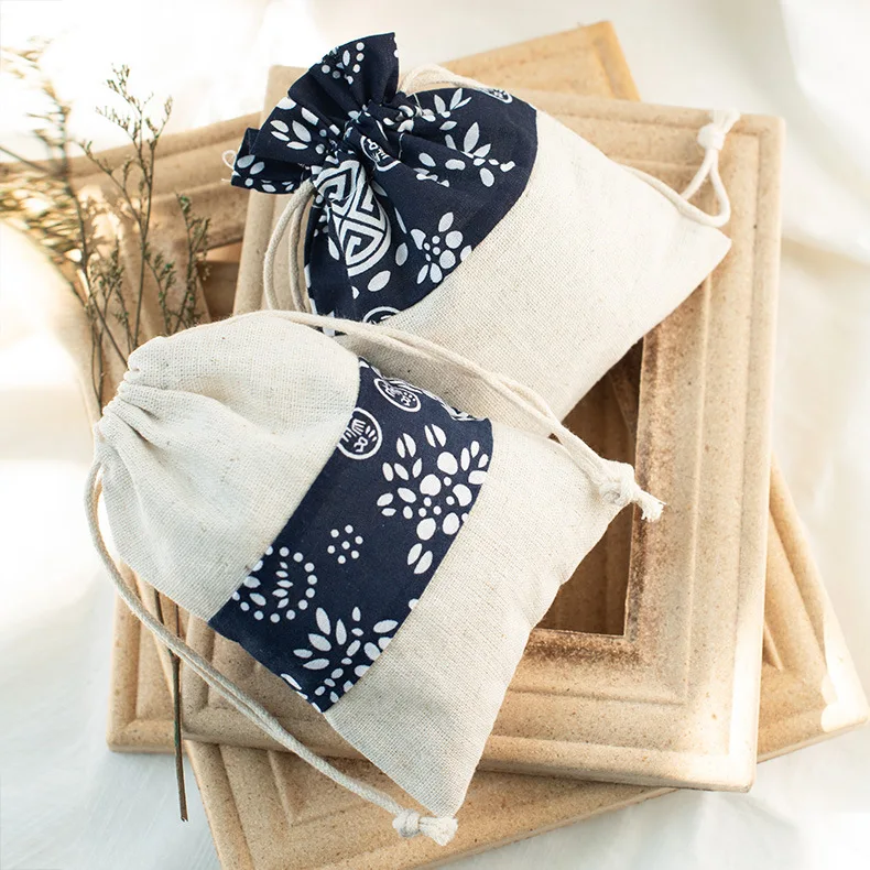 In Stock Ethnic Style Blue and White Porcelain Drawstring Cotton Linen Bag Printed Jewelry Gift Storage Pouch Shopping Bag