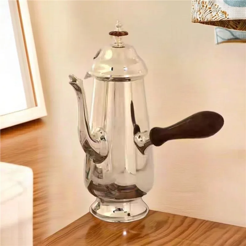 Vintage Brass Coffee Tea Pot Solid Wood Handle Silver‑Plated Home Decor Display Ornament