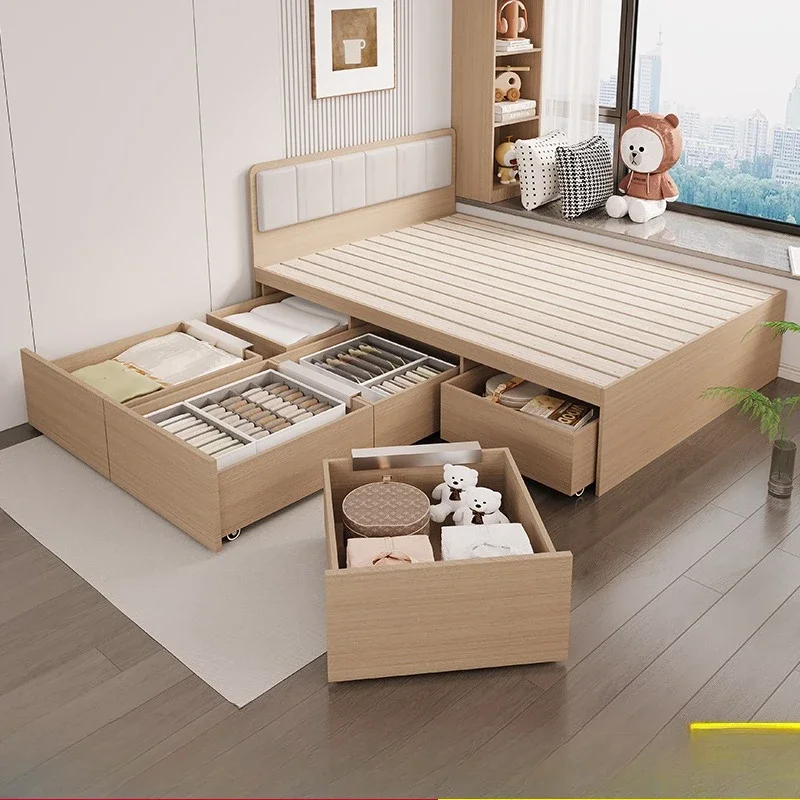 Solid wood board bed tatami bed cabinet integrated, small apartment floor bed, multi-functional storage bed PUR edge banding