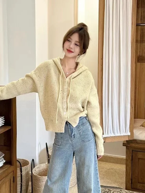 

Мягкая вязаная пряжа с капюшоном и шнурком, повседневный свитер, пальто, женское осеннее новое удобное теплое модное корейское пальто