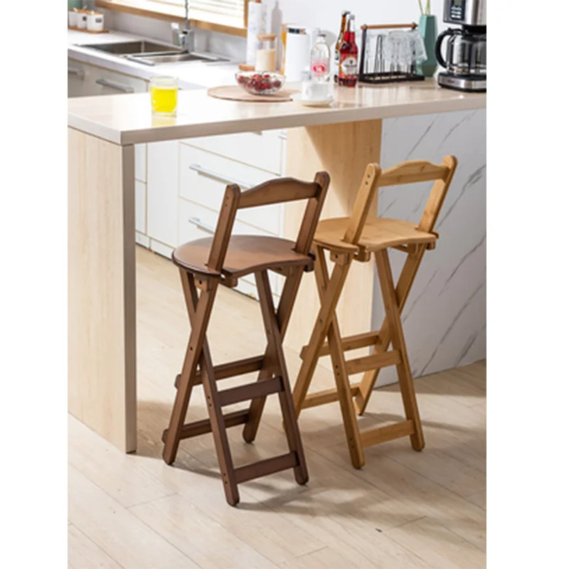 Household Simple Bar Chair Foldable Backrest Bar Stool Restaurant Bar Stool Living Room Solid Wood Kitchen High Stool Chair