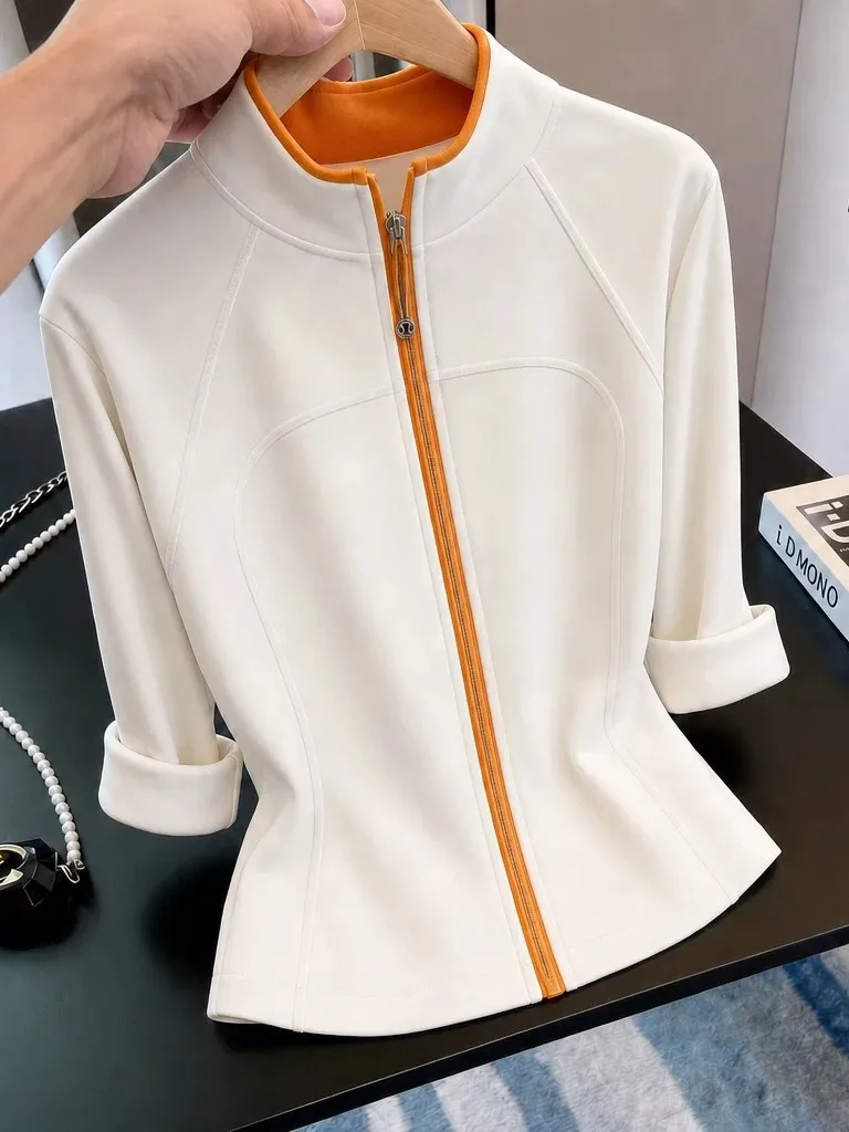Slim Fit Zipper Stand Collar Jacket Women's Long Sleeve Spring Autumn Large Size Sport Casual Cardigan Top Color Block Design