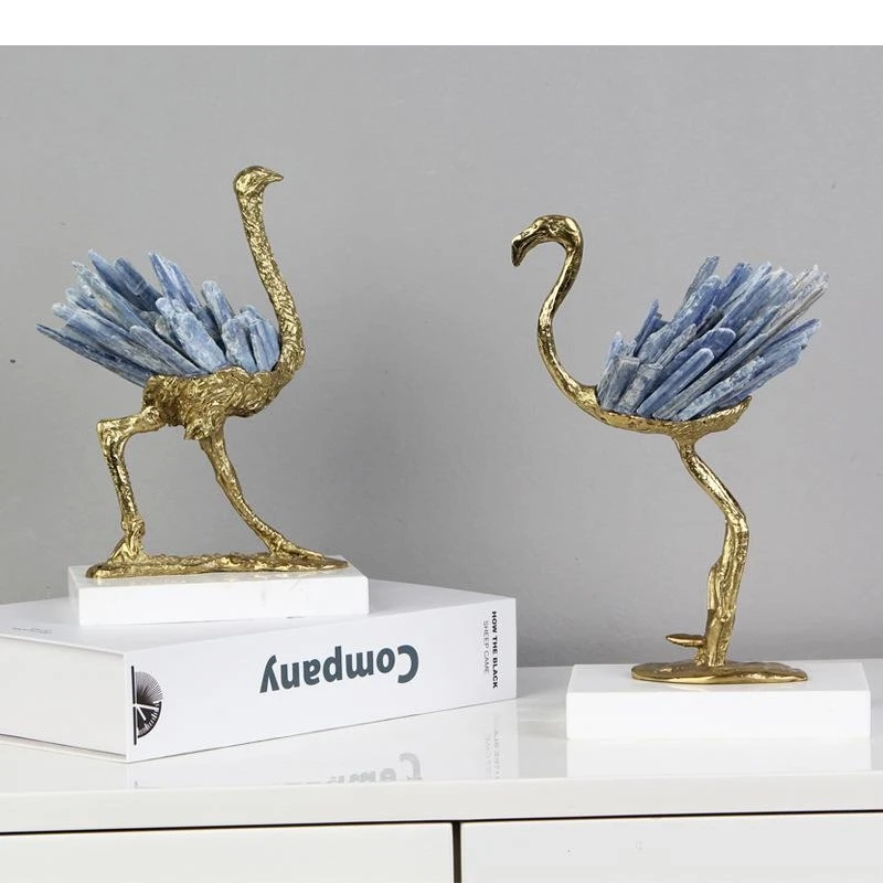 Blue Crystal Brass Gold Plated Ostrich Sculpture Desk Decoration Ornaments Alloy Crafts Abstract Animal Statue
