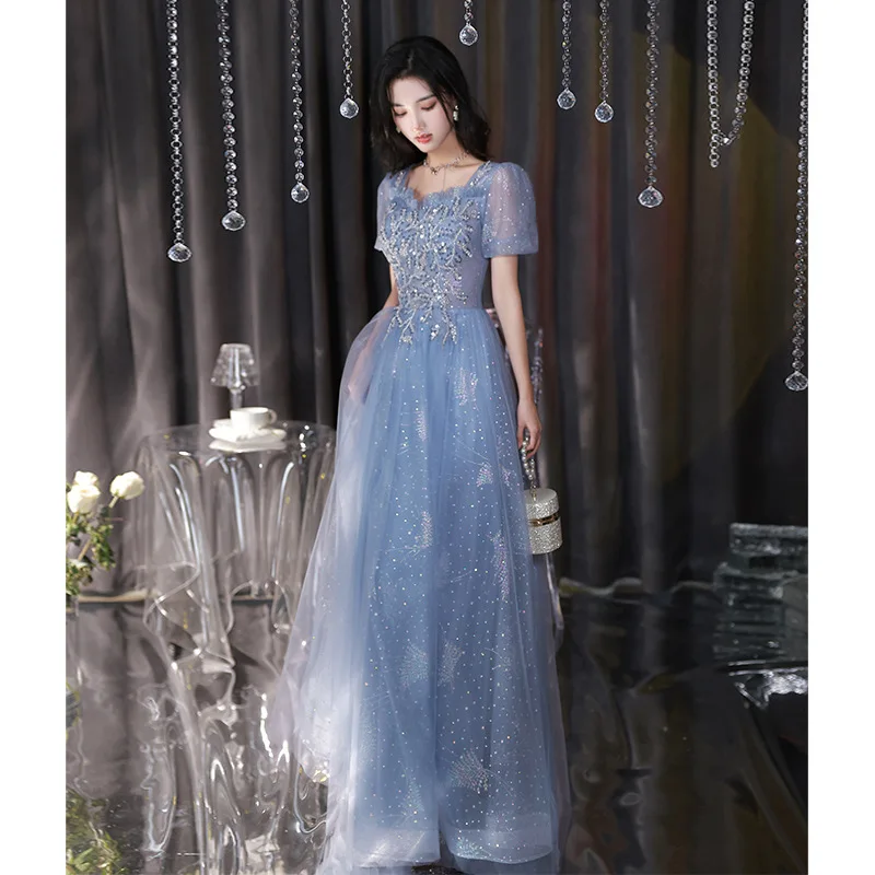 Blue Evening Dress 2024 Spring Banquet Style Famous Long Dress High End Party Fairy Blue Dress