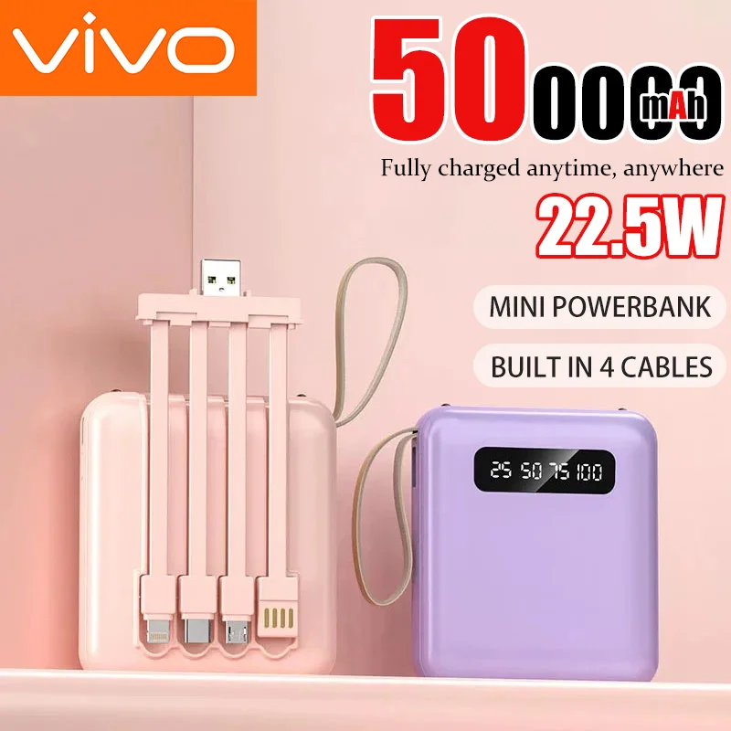 

Мини-аккумулятор VIVO 500000 мАч с быстрой зарядкой и 4 кабелями, универсальное портативное внешнее зарядное устройство для iPhone, Samsung, Huawei