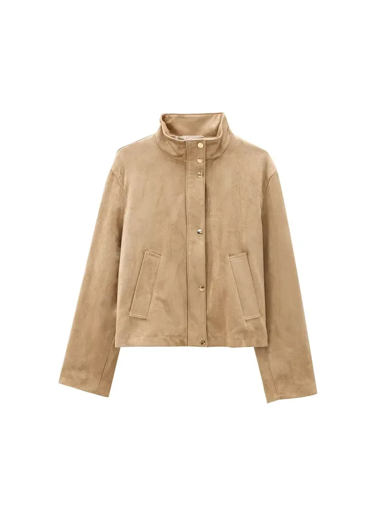 LIBIELIY 2024 Autumn New Women's Wear High-quality Texture Fashionable All-match Half-high Collar Long-sleeved Suede Jacket