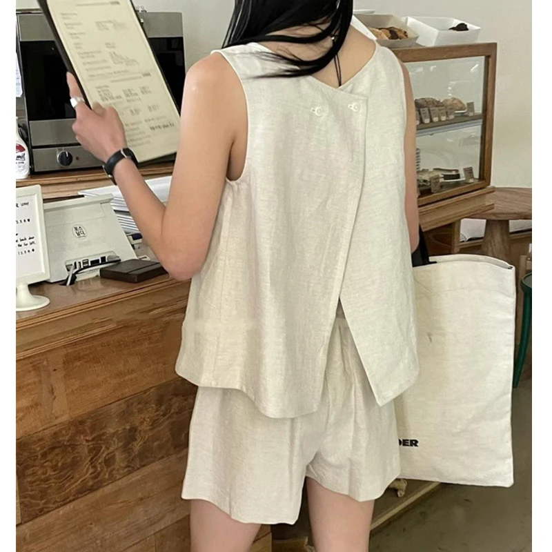 REALEFT 2024 New Summer 2 Pieces Linen Women\'s Short Pants Suits O-Neck Backless Tank and Casual Shorts Sets Outfits