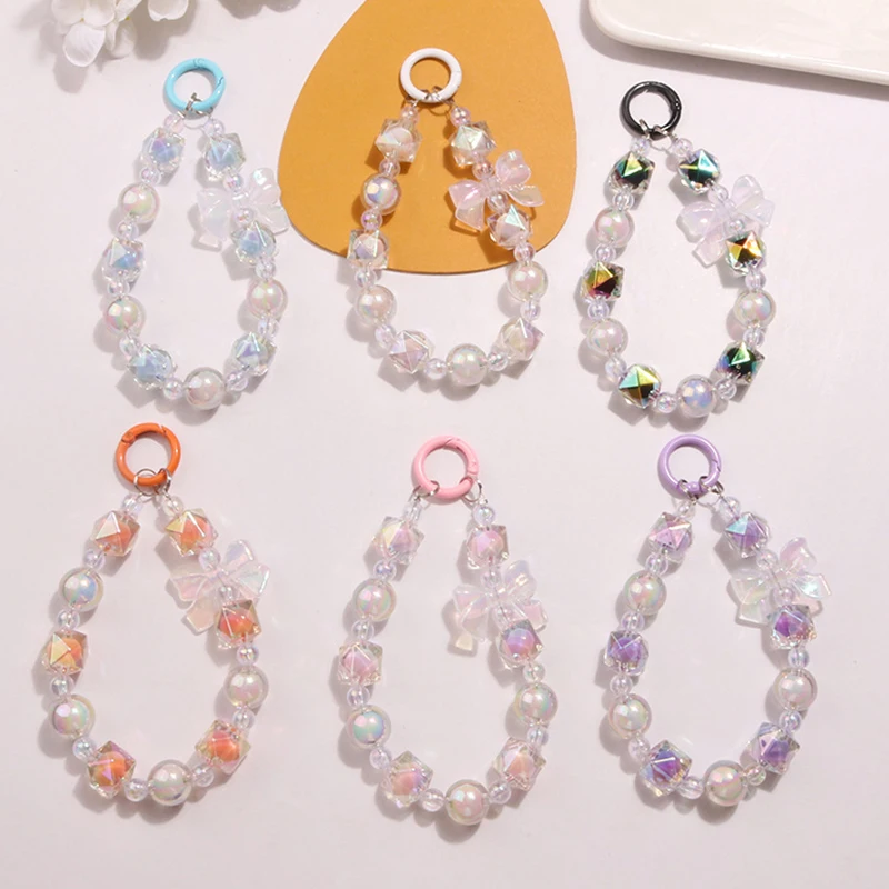 Korean Ins Style Beaded Mobile Phone Chain Acrylic Beaded Bow Wrist Strap Bag Headphone Pendant Charms Phone Keychain