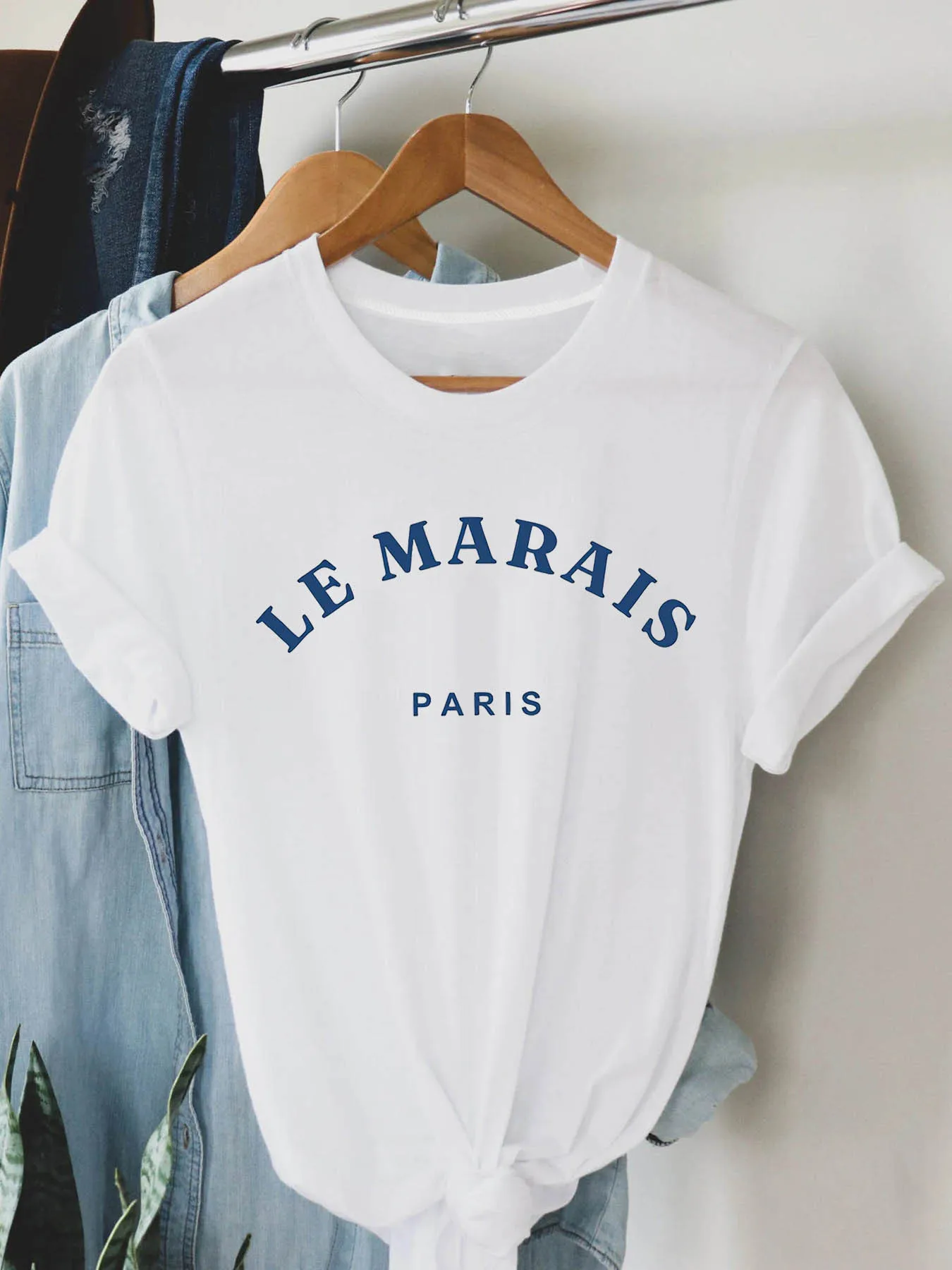 Women's Casual "Le Marais Paris" Graphic Tee - Short Sleeve, Crew Neck, White with Blue Print, Lightweight Polyester Blend for Spring & Summer, Ladies t Shirts