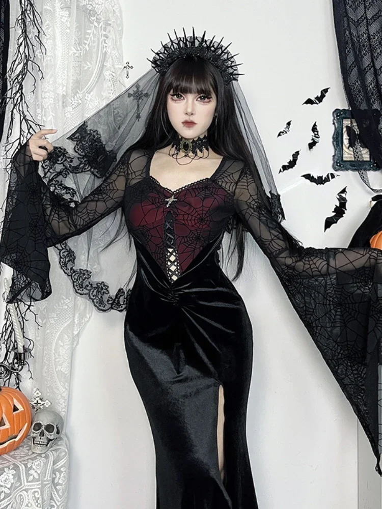 Altgoth gótico halloween vestido escuro feminino elegante fairycore grunge teia de aranha malha manga alargamento cintura alta espartilho vestido clubwear