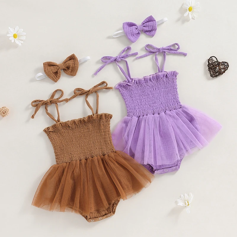 Infant Baby Girls Floral Embroidery Pattern Bodysuit Tie-up Spaghetti Strap Off-shoulder Skirt Hem Romper Dress and Headband