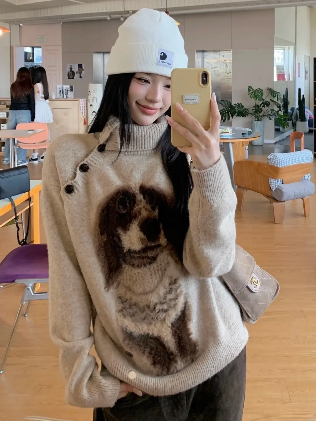 لطيف الكلب طباعة عالية الياقة فضفاضة المرأة سترة الخريف الشتاء جديد Sle oulder عارية شيك تصميم الحلو Sle القطن طويل S...