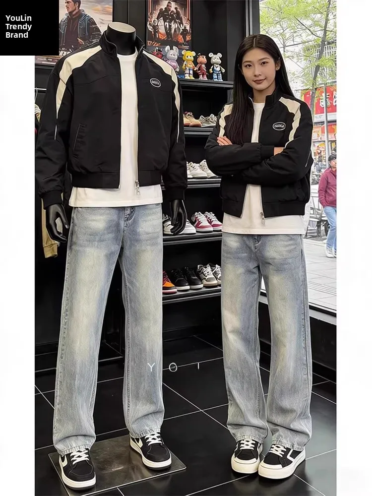 

Cleanfit Light Blue Lightning Pattern Men's Jeans Straight Leg High Street Sle Spring Season Denim Pants Vintage Waed