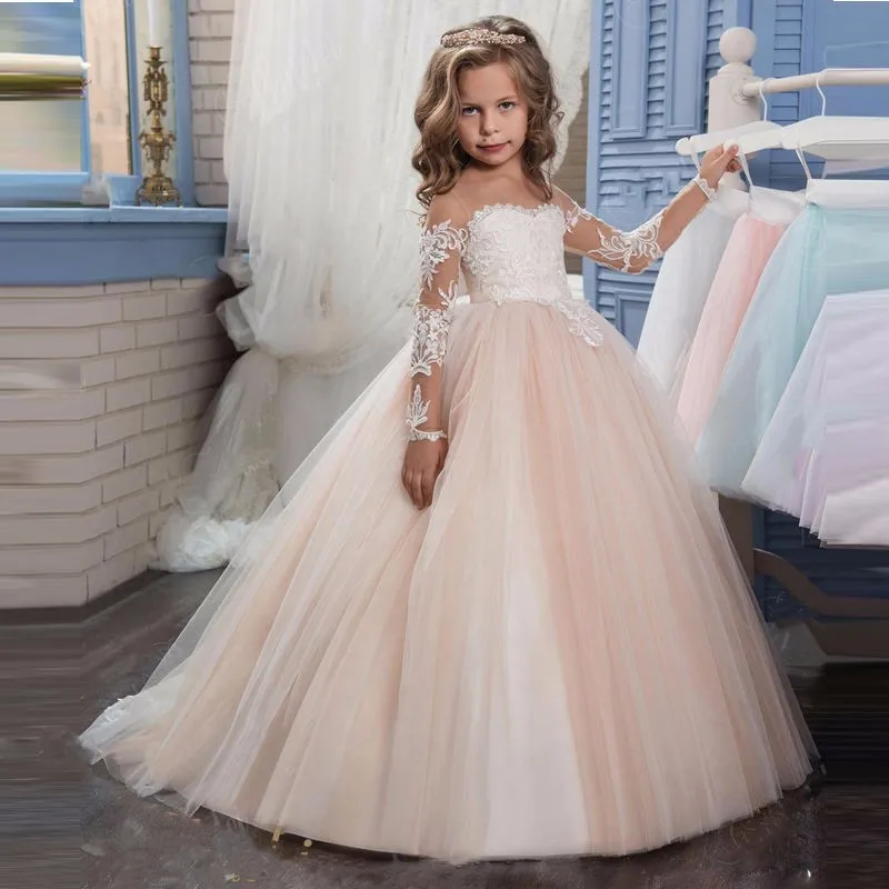 

Puffy Flower Girl Dresses For Weddings Ball Gown Long Sleeves Tulle Appliques Baby Tutu Long First Communion Dresses Little Girl