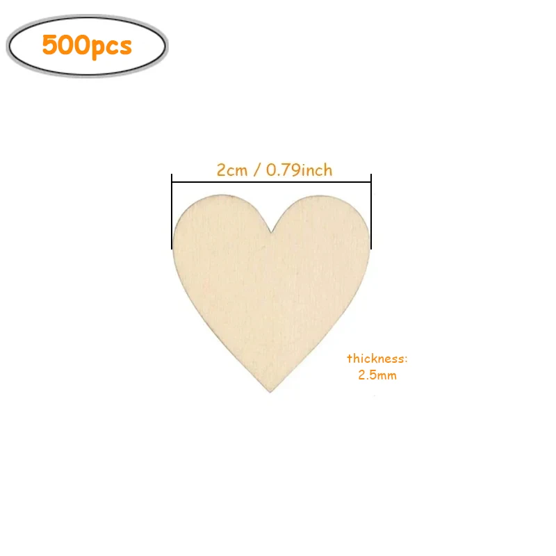 500 pezzi 2 cm non finiti in bianco cuore d\'amore pezzi di legno fette chip ritagli ornamenti per artigianato fai da te decorazione della festa a