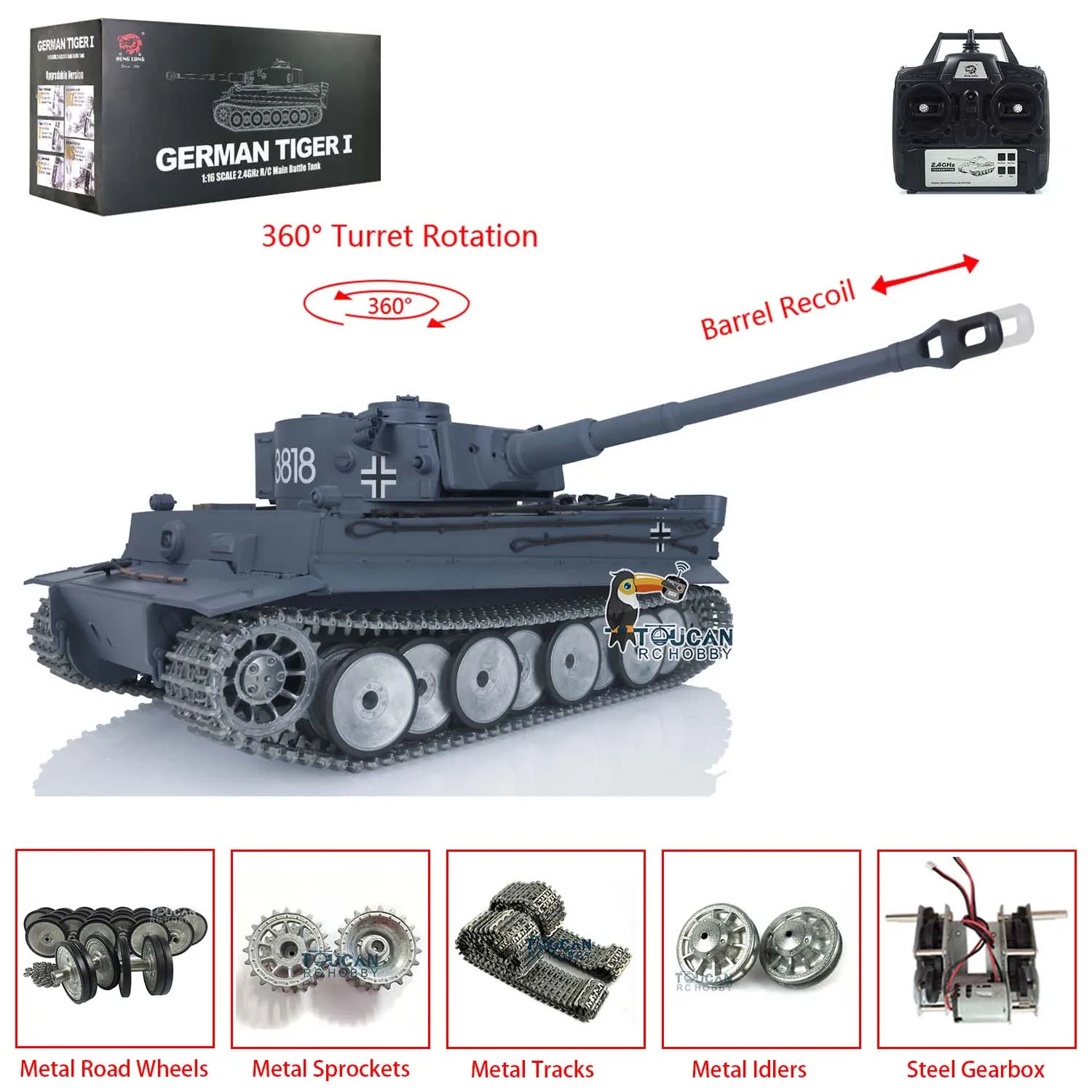 Brinquedos Heng Long 1/16 7.0 Tiger I RTR RC Tank 3818 com recuo de barril 360 ° Rodas de trilhos de metal da torre BBs Toucan Cars Panzer Modelo