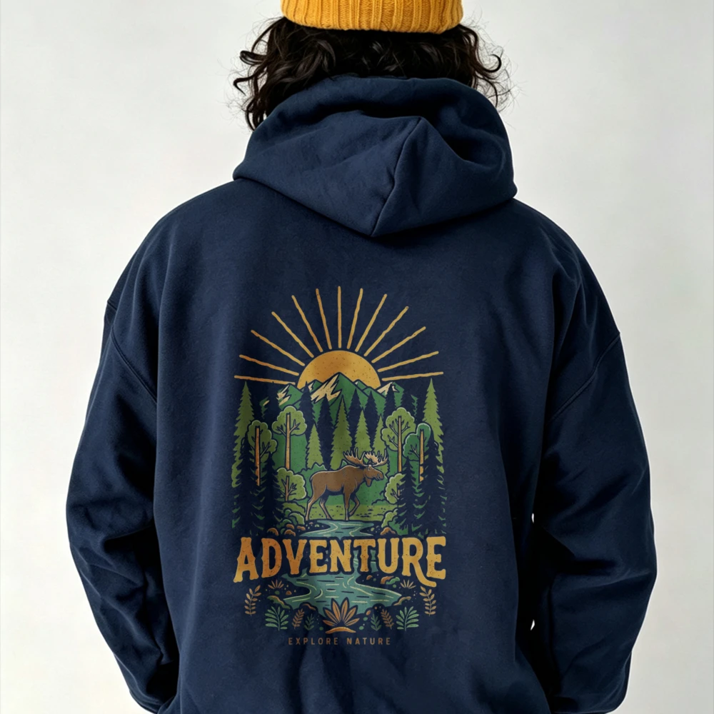 Adventure Moose Sunburst Mountain Pine Forest River Graphic Hoodie Front Print Sweatshirt Wilderness Outdoor Hiking Camping Tops