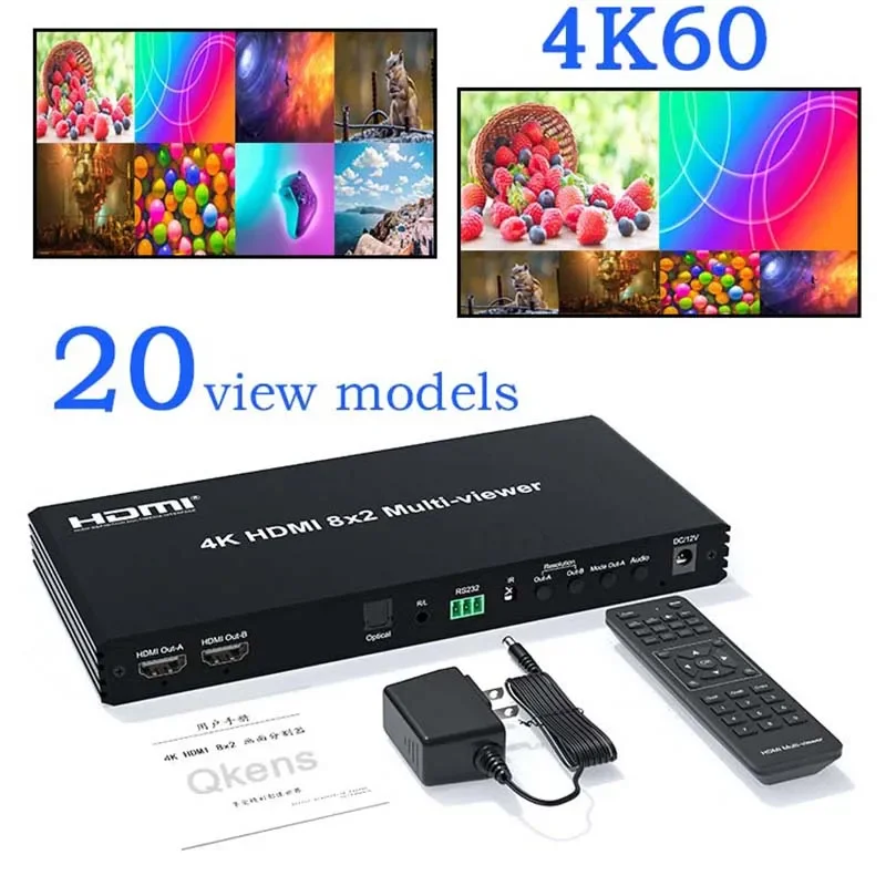 4K HDMI 8x2 Multiviewer with PIP 8 in 2 Out Dual Display Seamless Switcher with Optical 3.5mm Audio 2 3 4 5 6 7 8 Multi-viewer