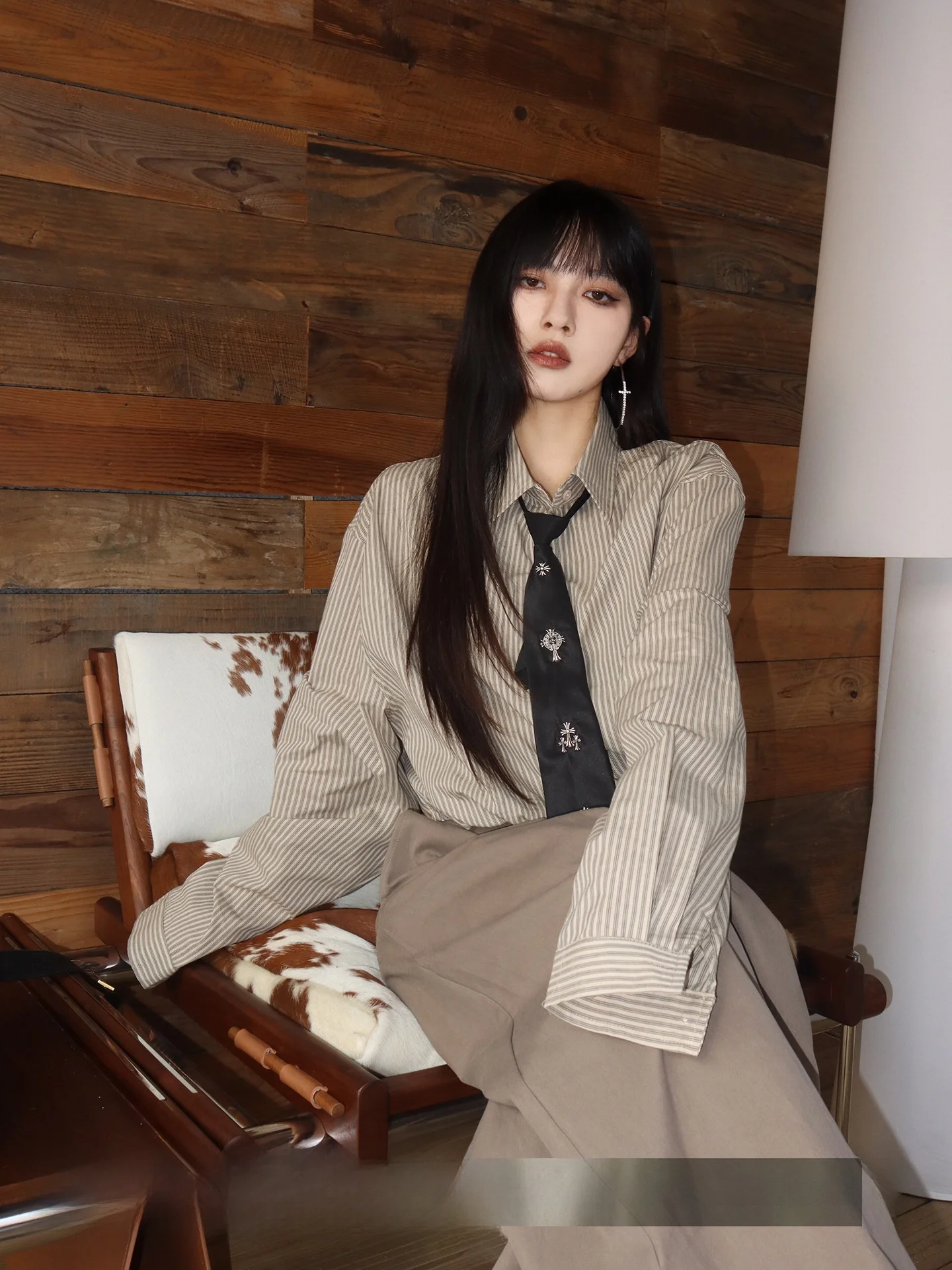 

Retro Academic Design Striped irt Women's Loose Casual Long Sve Collar Cotton Spring Autumn Top Ele Tie Clip