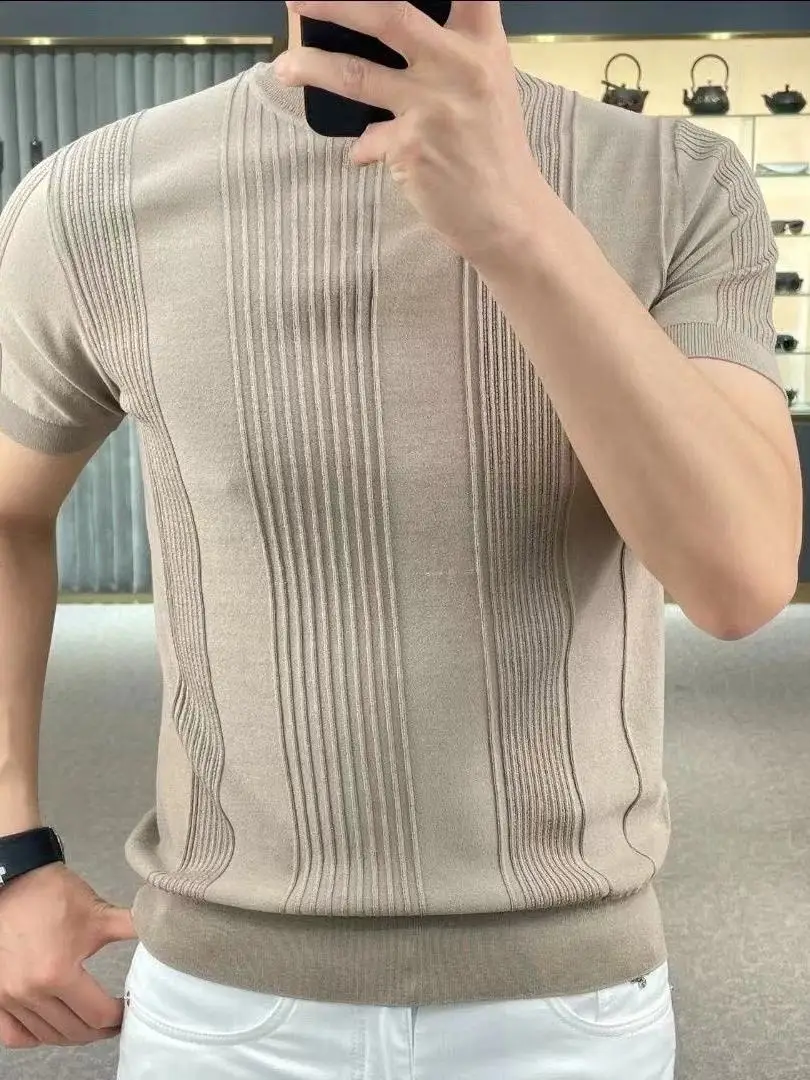 

Мужская летняя трикотажная футболка премиум-класса с коротким рукавом, приталенная, с круглым вырезом, в полоску, из охлаждающего полиэстера, китайский бренд