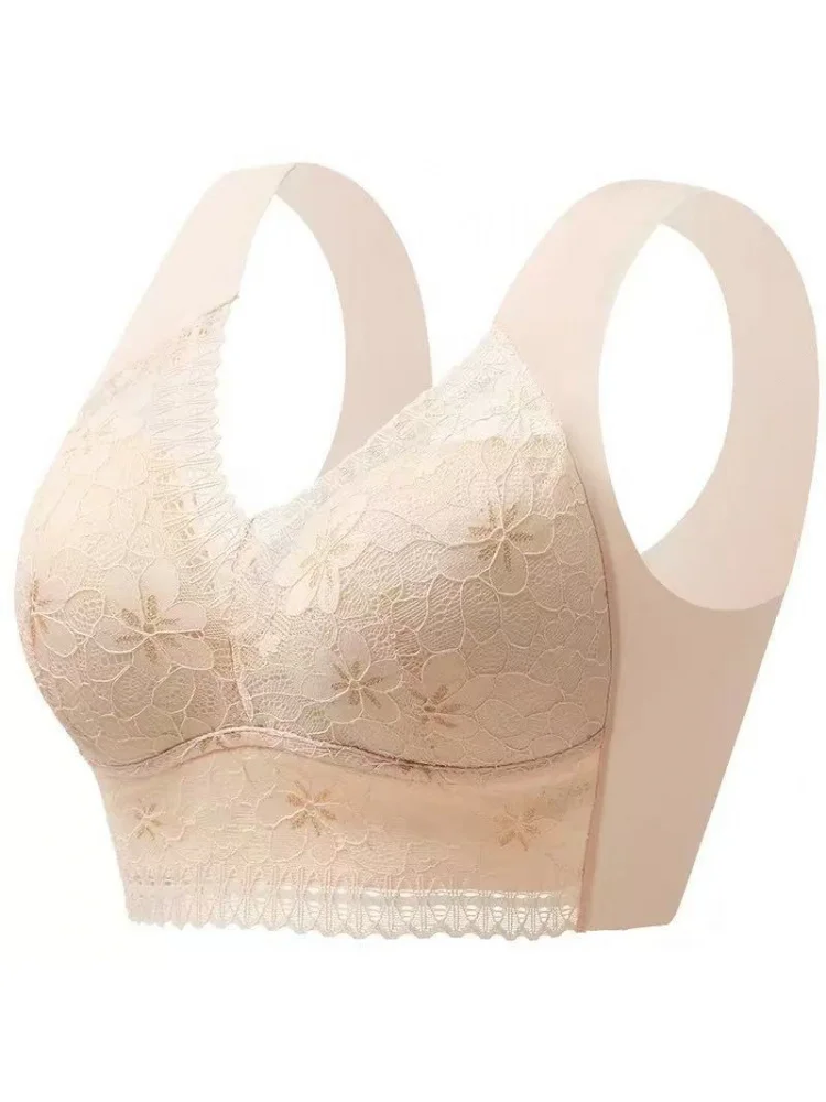 Lace plus-size tank top one-piece bra without underwire, anti-sagging, ice silk bra