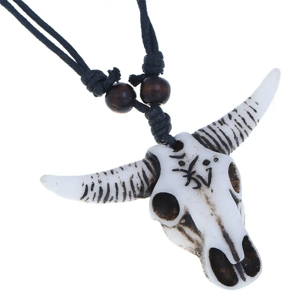 Vintage Resin Cow Head Necklace With Rosary Hand Braided Black Rope Minority Tourist Area Jewellery Tribal Style Necklace Gifts