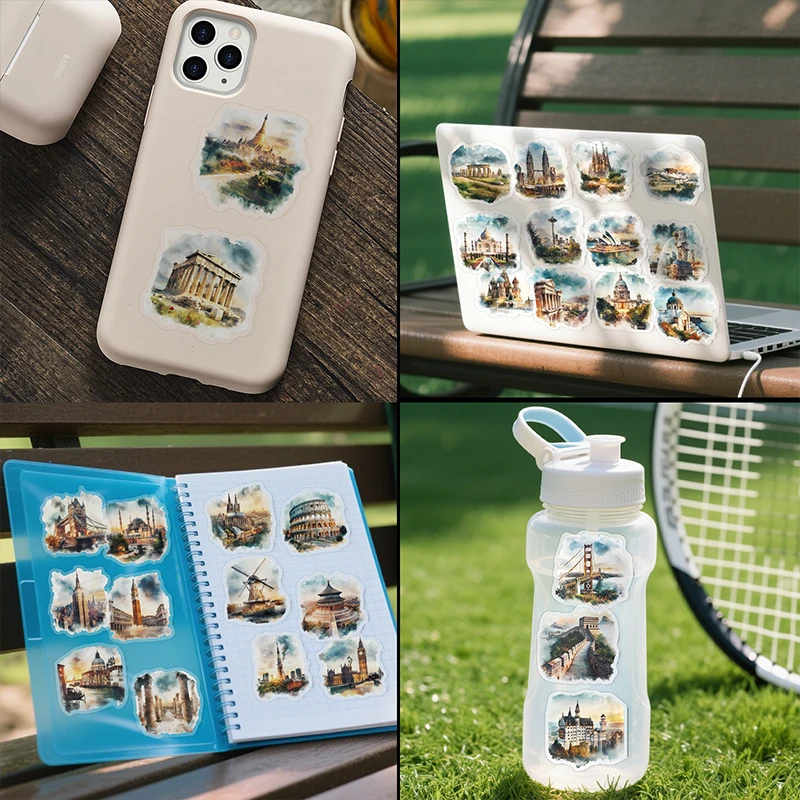 Autocollant de voyage de frappe de ville, étiquette de bâtiments célèbres, pour réfrigérateur, ordinateur portable, téléphone, valise, Skateboard, Graffiti étanche, DIY bricolage, 50 pièces