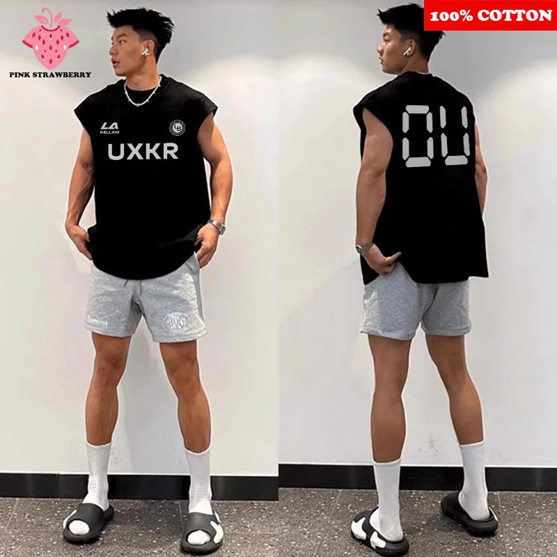 

American Street Sports Vest T-shirt Men Summer 2025 New 100% Cotton Basketball Swim Run Shirt sleeveless Vest Quick Dry Y2k Top