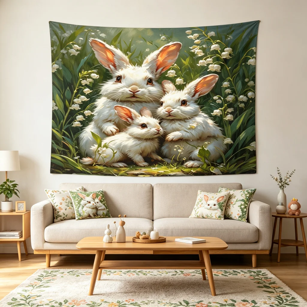 1PC Three White Rabbit Art Print Backdrop Banner, Bedroom Living Room Photo Background, Polyester, Home Decor, Wall Art