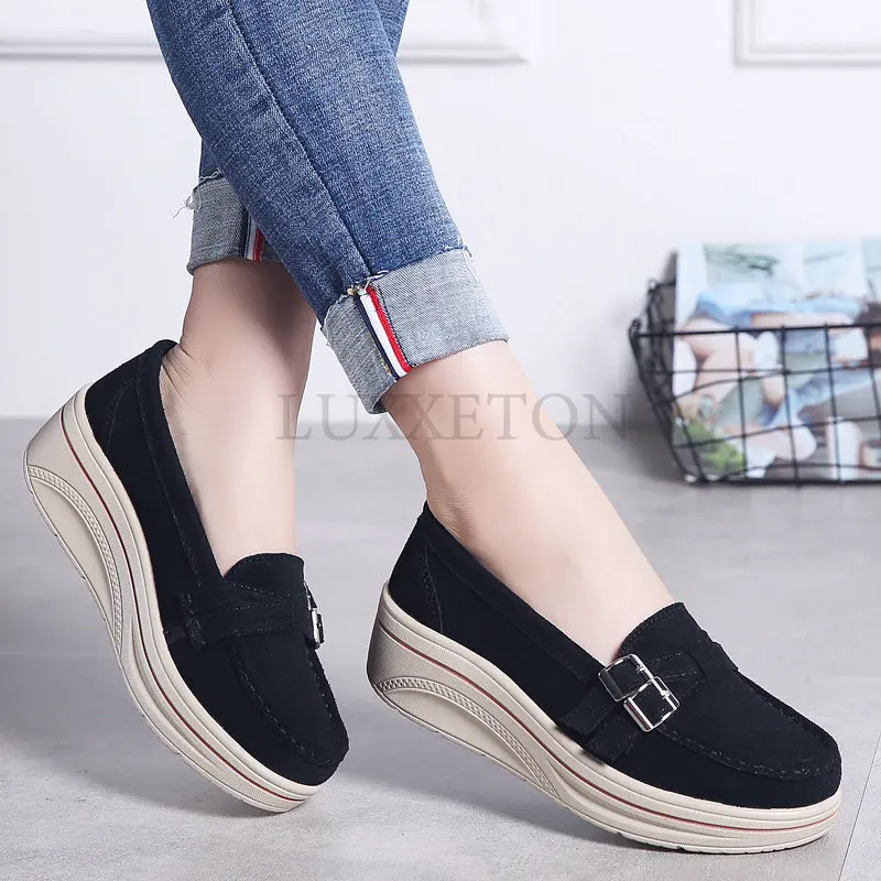 Women Platform Shoes Leather Flats Casual Thick Bottom Height Increasing Slip on Creepers Sneakers Moccasins Suede Loafers