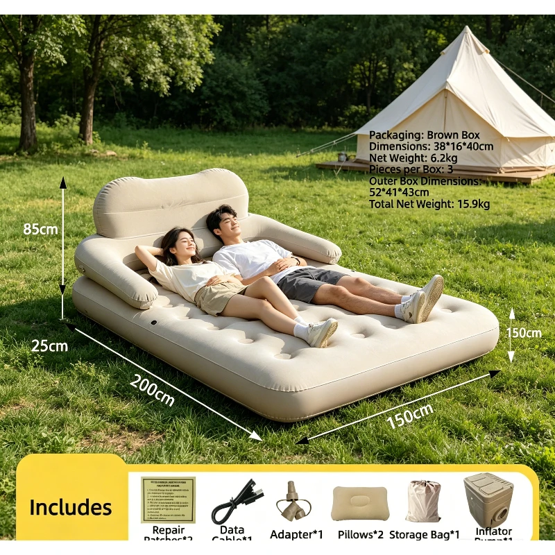 Self-Inflating Double Wide Air Mattress for Couple Tent  Foldable Camping Bed w/Backrest Thick High DampProof