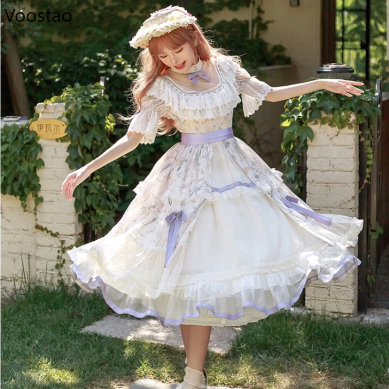 Japanese Sweet Lolita Princess OP Dress Women Victorian Vintage Wedding Party Dresses Girls Elegant Lace Fairy Floral Dresses