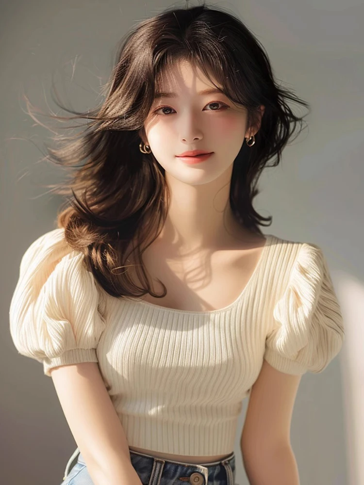 Chic ort Ice Silk Knitted Bubble Sve T-shirt coreana Sle Commute Faion Slim Fit Summer Wear Unico ed Ele