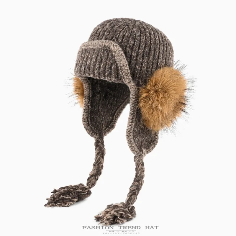 Women's Autumn Winter Thick Warm Knit Ski Hat Ear Cover Pilot Beanie
