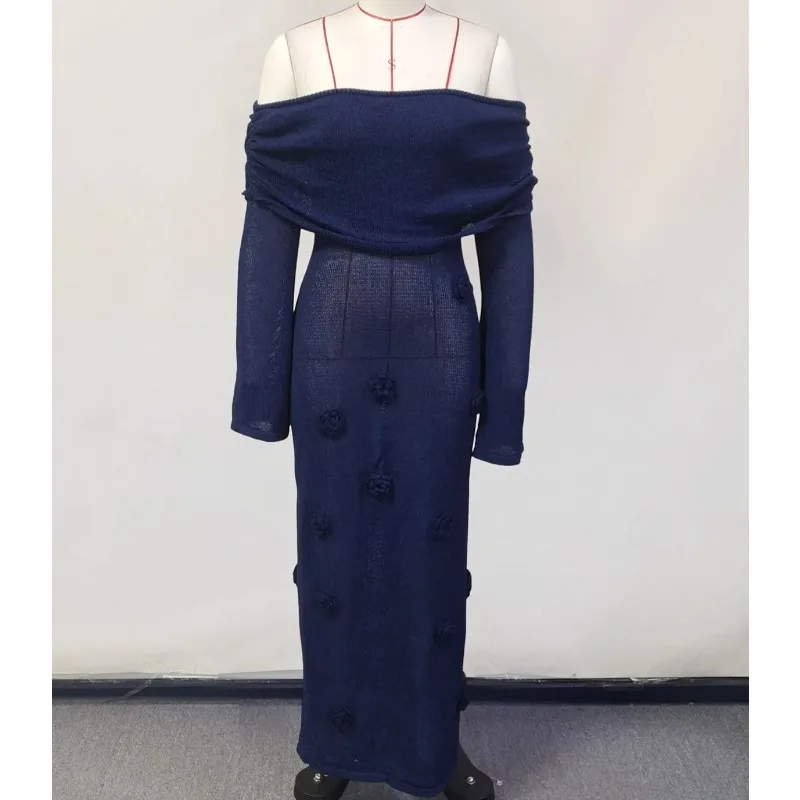 Mulheres fora do ombro de malha vestidos longos elegante flores decoração magro vestido de praia verão moda chique férias bikini cobrir