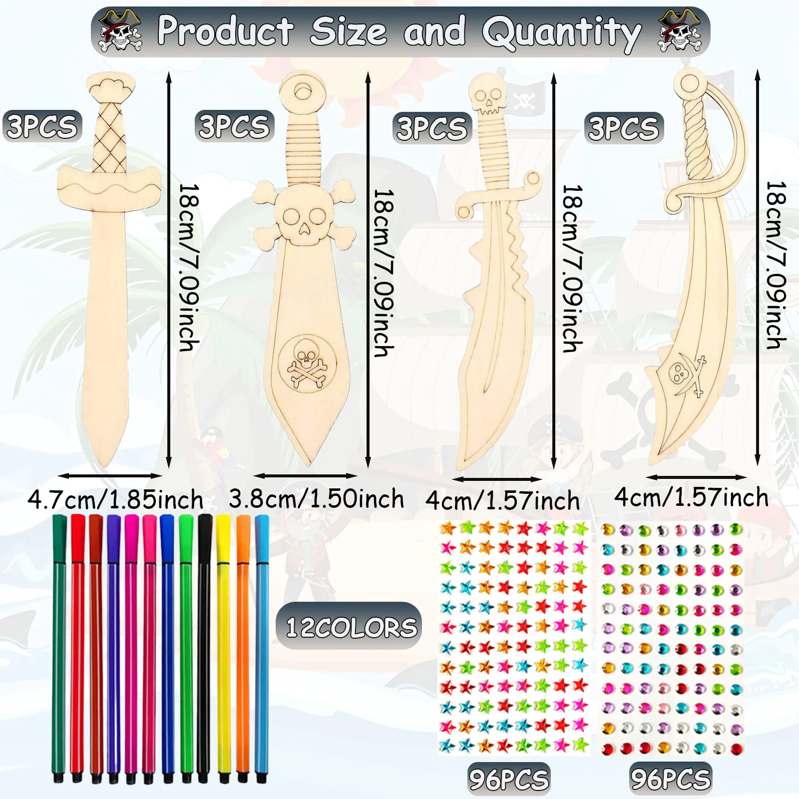 216PCS onvoltooide DIY houten piratenmessenset, houten handgemaakte schilderambachten, geschikt voor verschillende feesten, feestcadeaus