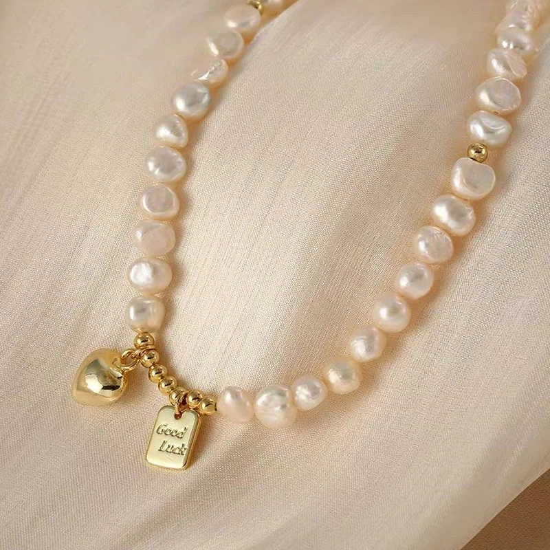 Natural freshwater pearl necklace bracelet, women's retro love square brand collarbone chain, light luxury versatile temperament