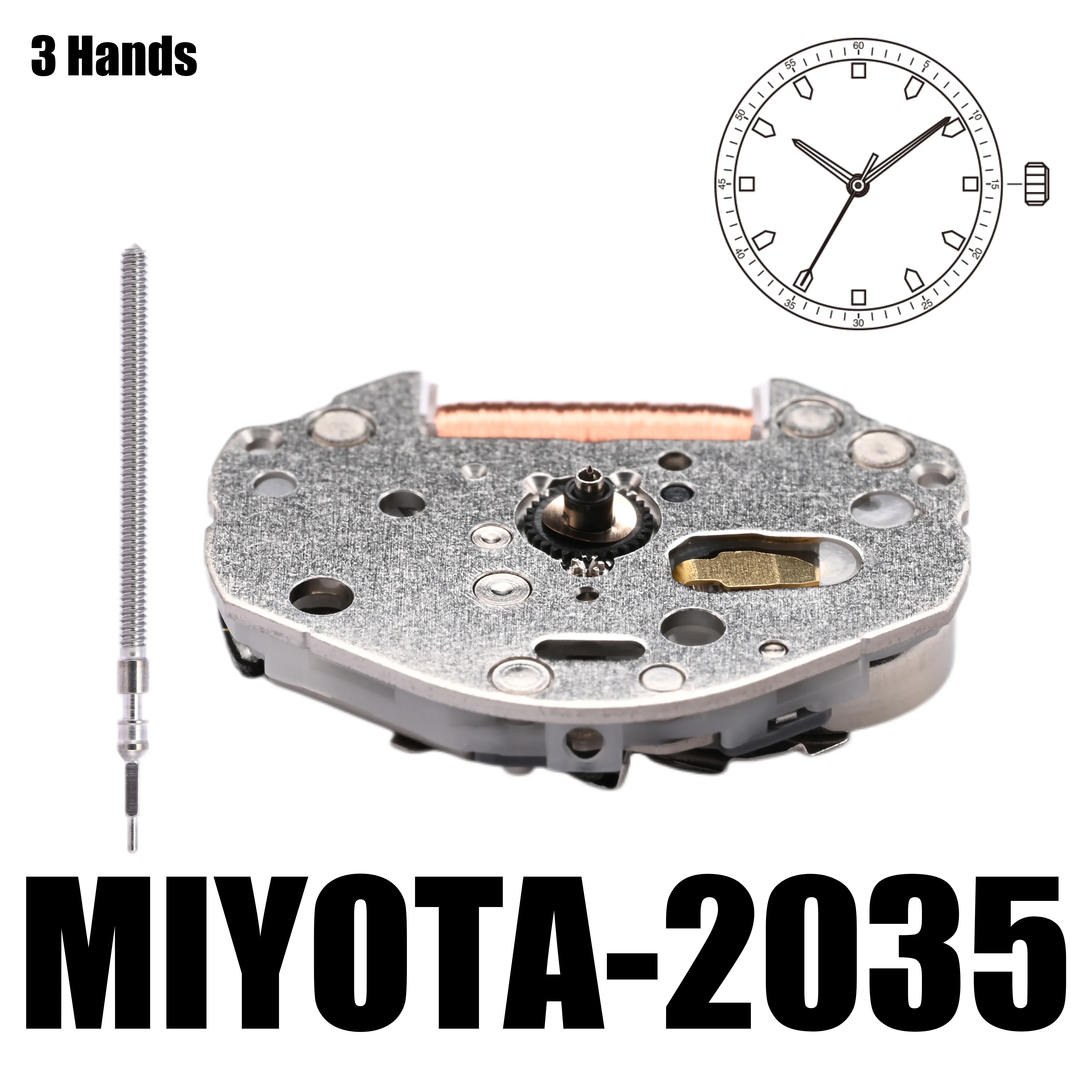 Miyota-標準の石英動きホワイト、3つのハンドサイズ、3、4x8 \'\'、高さ3.15mm、エンジン、金属の動き、日本製、2035