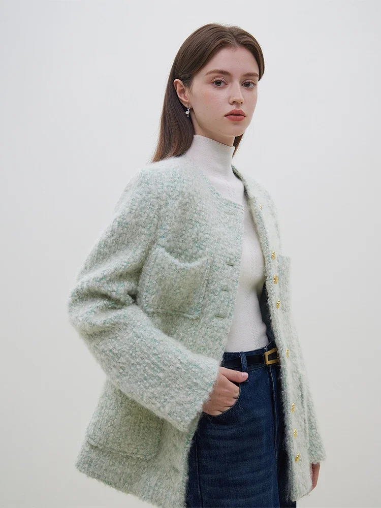 FSLE 34% Wool 6.1% Mohair Round Neck Mental Button Single Breasted Women Jackets Winter New Fresh Green Straight Female Coats