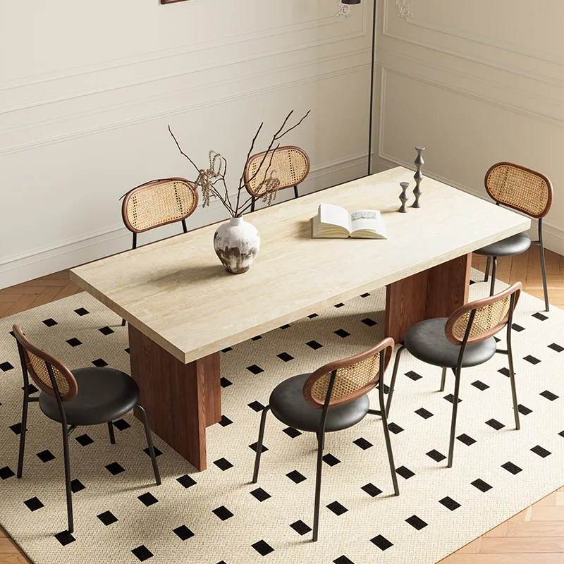 French retro style solid wood ash wood dining table, travertine rock slab dining table, modern simple rectangular
