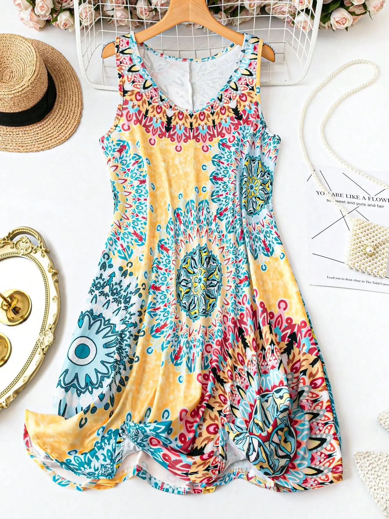 

Summer New Women's Dress Casual Color Code Printed Daily Resort Style Clothes Sleeveless Suspender V-neck Loose Waist Dresses