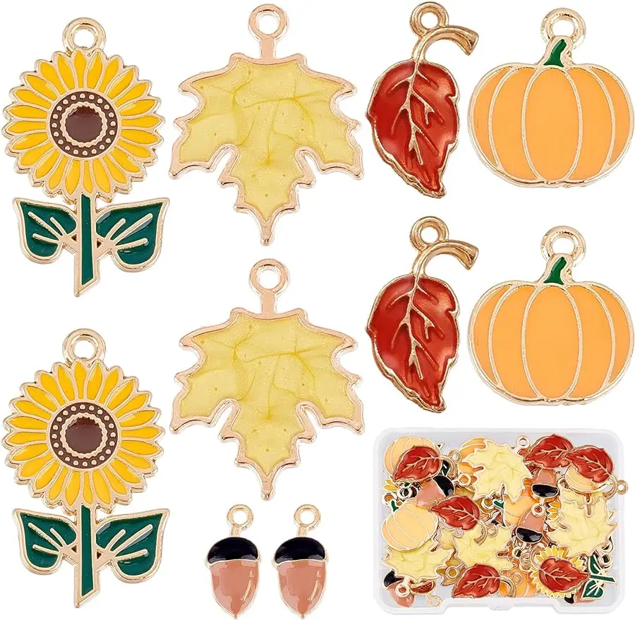 

40Pcs 5Styles Sunflower Charms Enamel Leaf Maple Leaves Pine Cones Charm Pumpkin Alloy Charms for Jewelry Making Charm