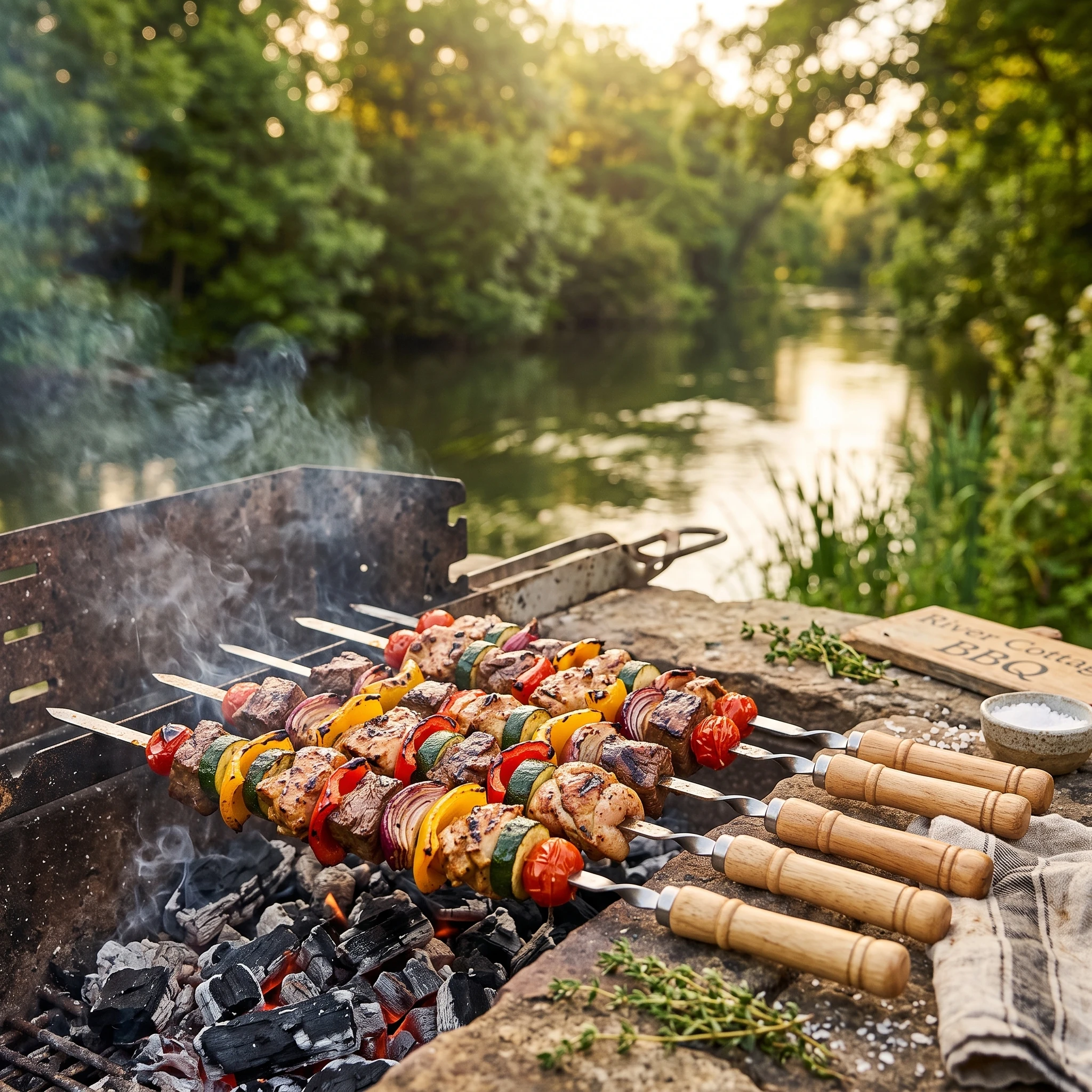 55cm BBQ Skewers Long Handle Shish Kebab Barbecue Grill Sticks Wood BBQ Fork Stainless steel Outdoor Grill Needle Bags AA0731